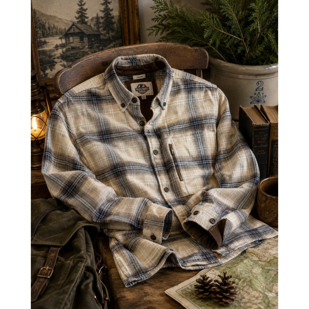 Field & Forest Legend Flannel Shirt Mens LT Oatmeal Plaid Corduroy Trim FFM6385E